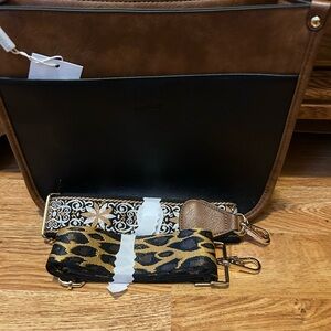 Brown and Black Women's Bag with Patterned Straps